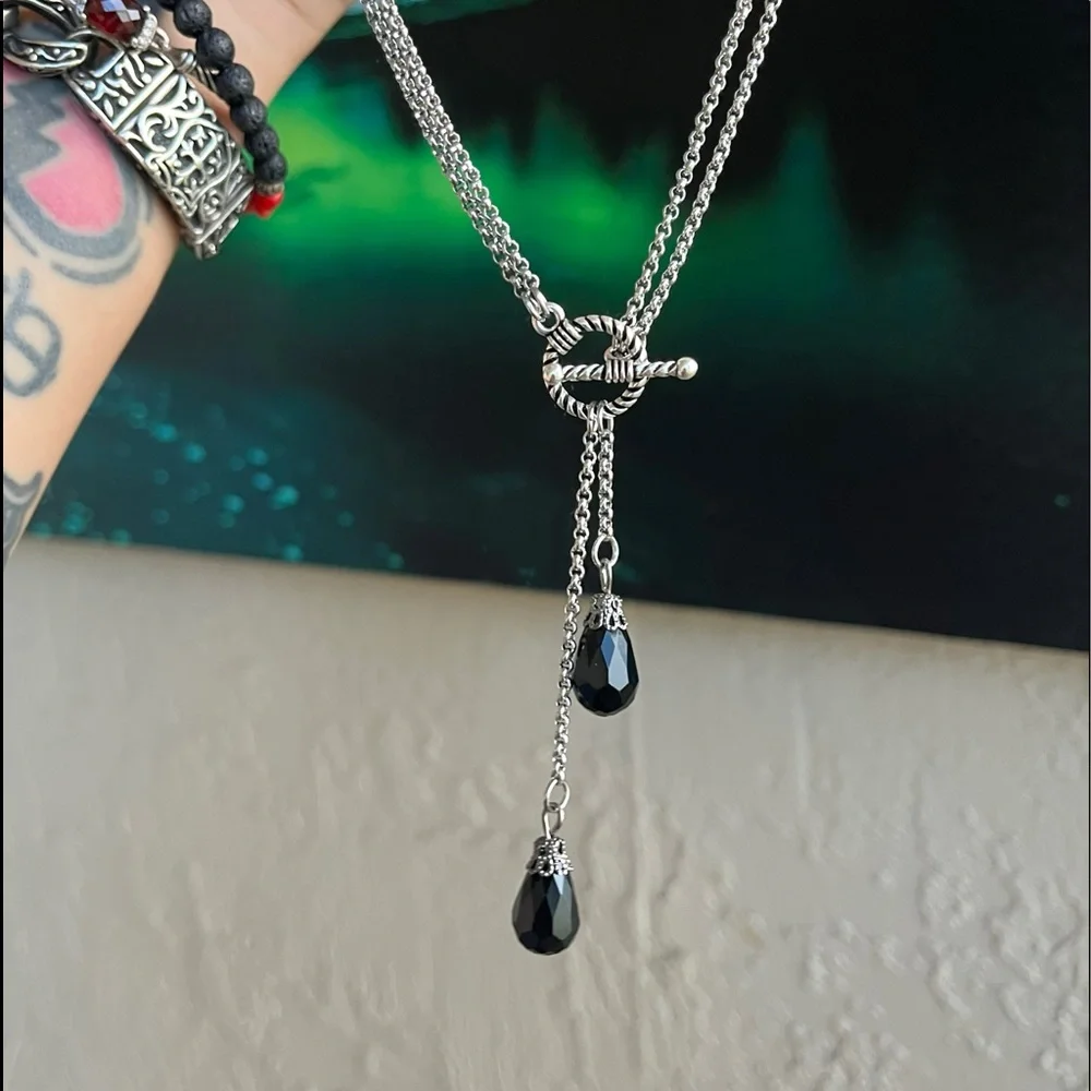 Y shape lariat double chain necklace Set black crystals ( necklace + earrings )_12